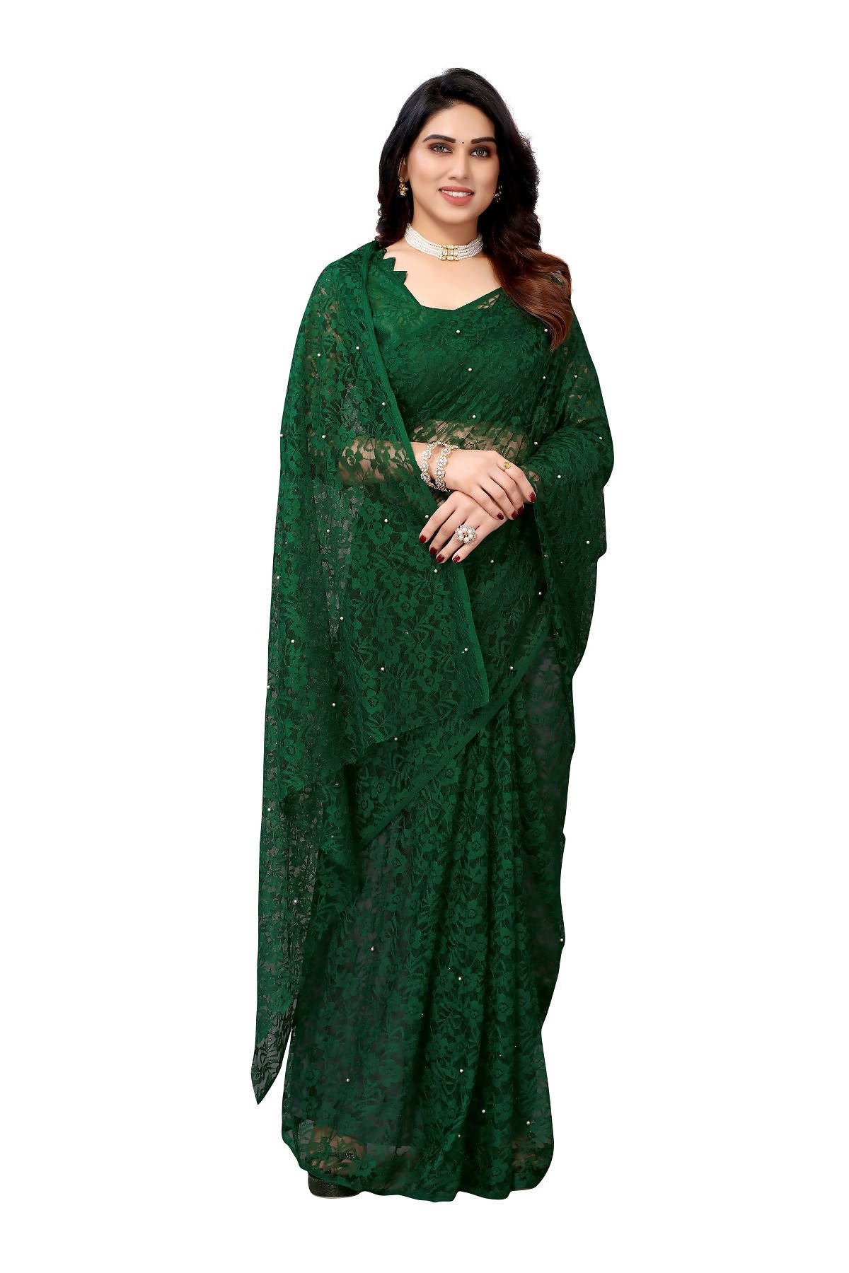 Vamika Ethnic Fire Green Pearls Net Saree - Distacart