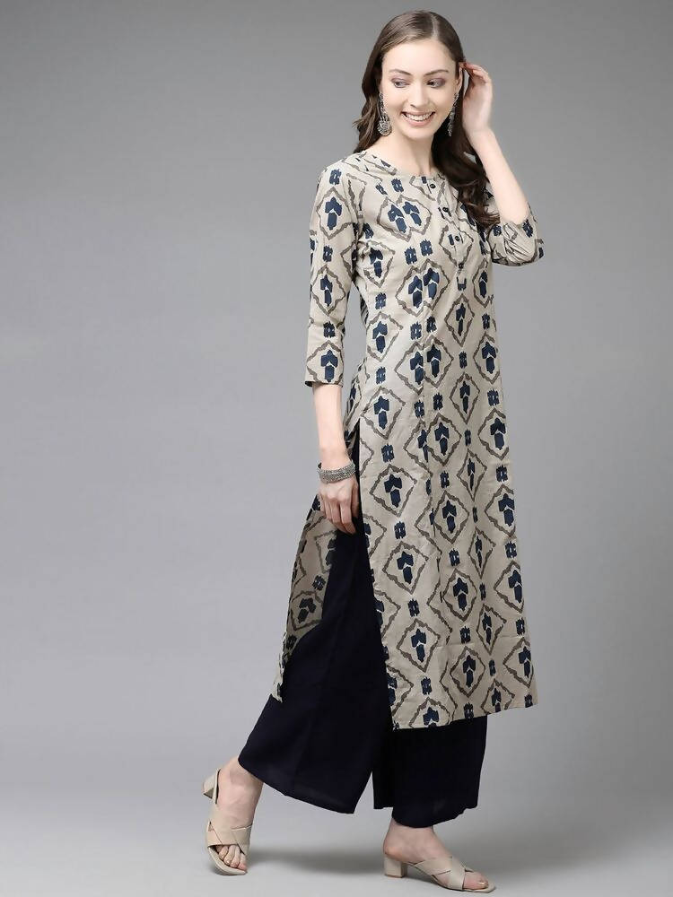 Yufta Women Beige & Navy Blue Printed Pure Cotton Kurta with Palazzo & Dupatta