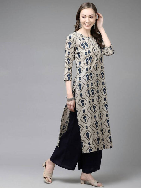 Yufta Women Beige & Navy Blue Printed Pure Cotton Kurta with Palazzo & Dupatta