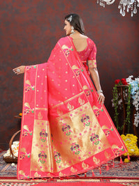 Thumbnail for Lorenvalley Fashion Peach Soft Paithani Silk Woven Design Gold Zari Meenakari Weaving Saree - Distacart
