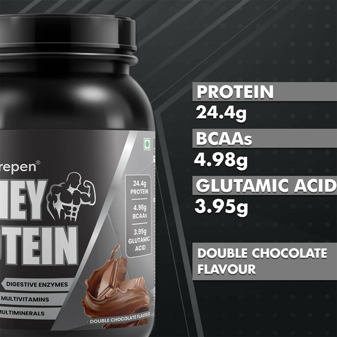 Dr. Morepen 100% Whey Protein infused with Digestive Enzymes, Multivitamins, & Multiminerals in Double Chocolate Flavour - Distacart