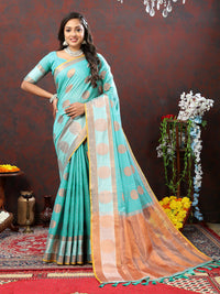 Thumbnail for Lorenvalley Fashion Skyblue Cotton with Woven Design Zari Weaving Saree - Distacart