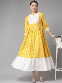 Thumbnail for Yufta Women Yellow & White Cotton Embellished Ethnic Motifs Print Tiered Maxi Dress