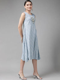 Thumbnail for Yufta Women Blue & White Floral Printed Ethnic A-Line Midi Dress with Jacket