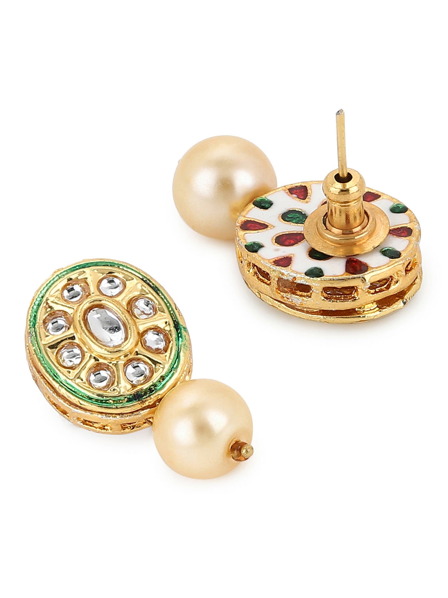 Gold-Toned White Kundan Oval-Shape Gold-Plated Studs Earrings - Ruby Raang - Distacart