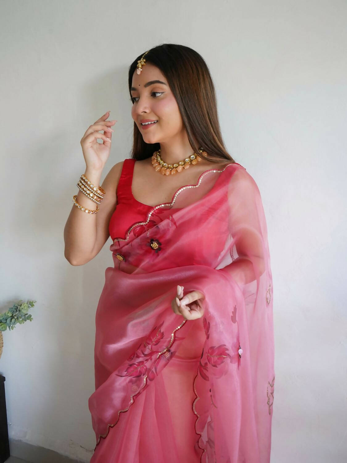 Vamsee Pink Organza Saree - Distacart