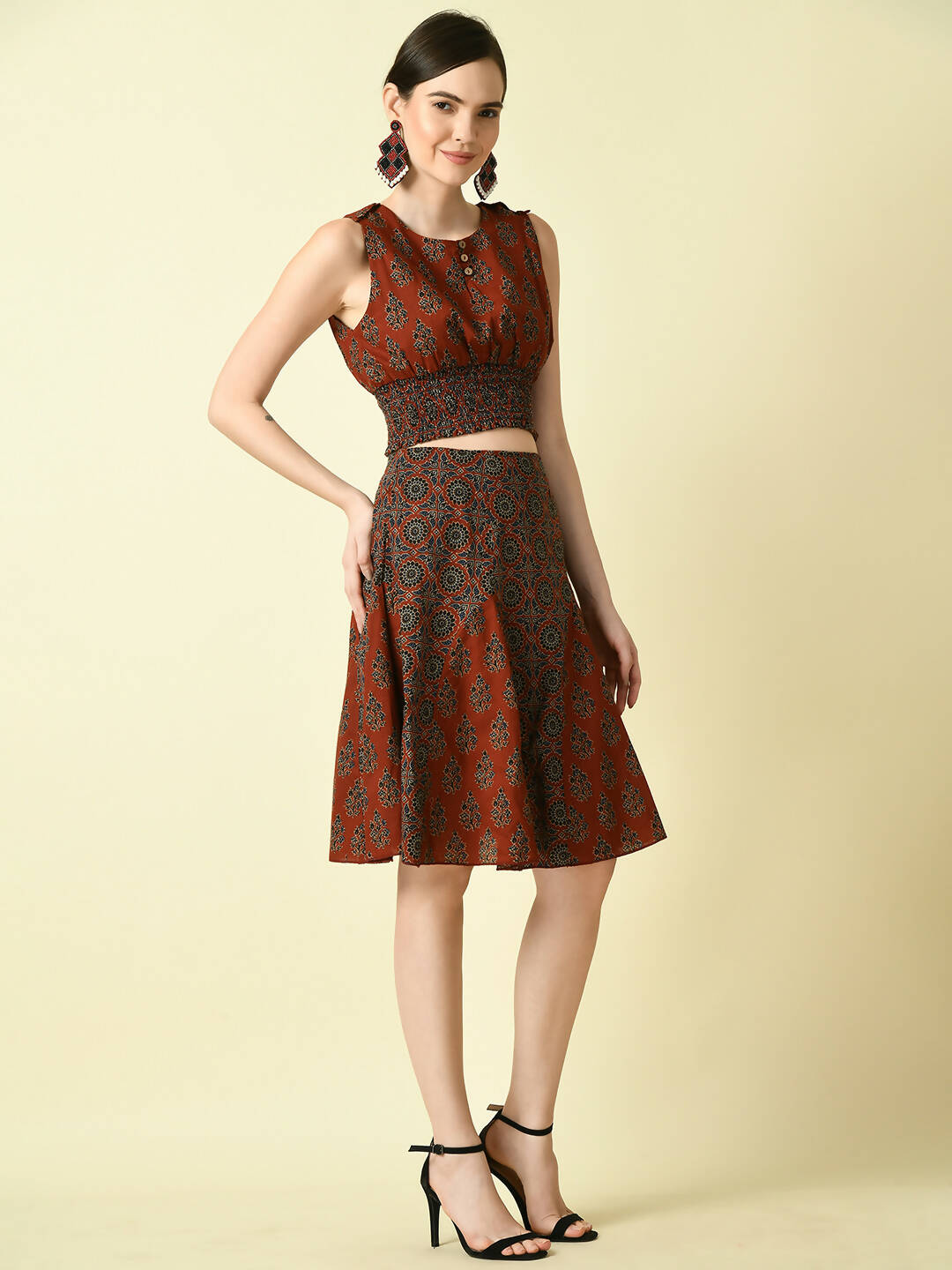 Myshka Women's Rust Round Neck Top With Skirt - Distacart