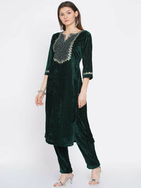 Thumbnail for Women Republic Green Velvet Embroidered Kurta With Pant - Distacart