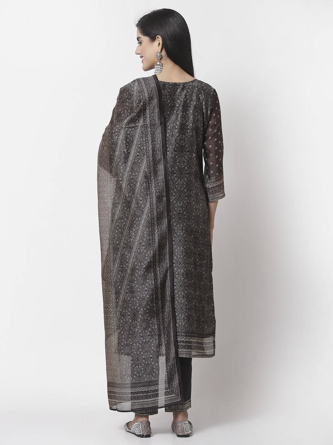 Myshka Black Chanderi Silk Embroidered 3/4 Sleeve Round Neck Kurta Pant Dupatta Set