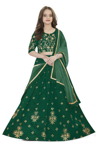 Thumbnail for Dwiden Green Rohini Tafetta Sattin Semi-Stitched Girl's Lehenga Choli - Distacart