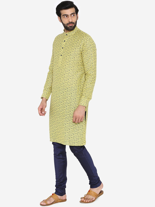 Manyavar Men Yellow & Navy Blue Printed Straight Kurta - Distacart