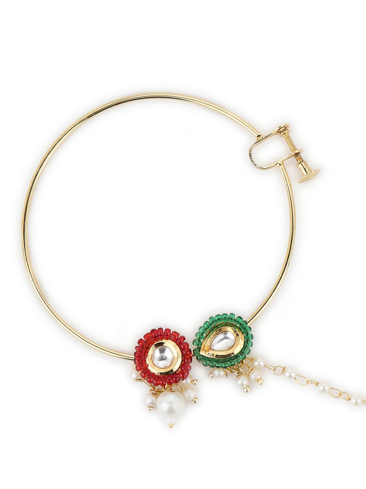 Gold-Plated White Red Stone-Studded Pearl Beaded Nosepin - Ruby Raang - Distacart