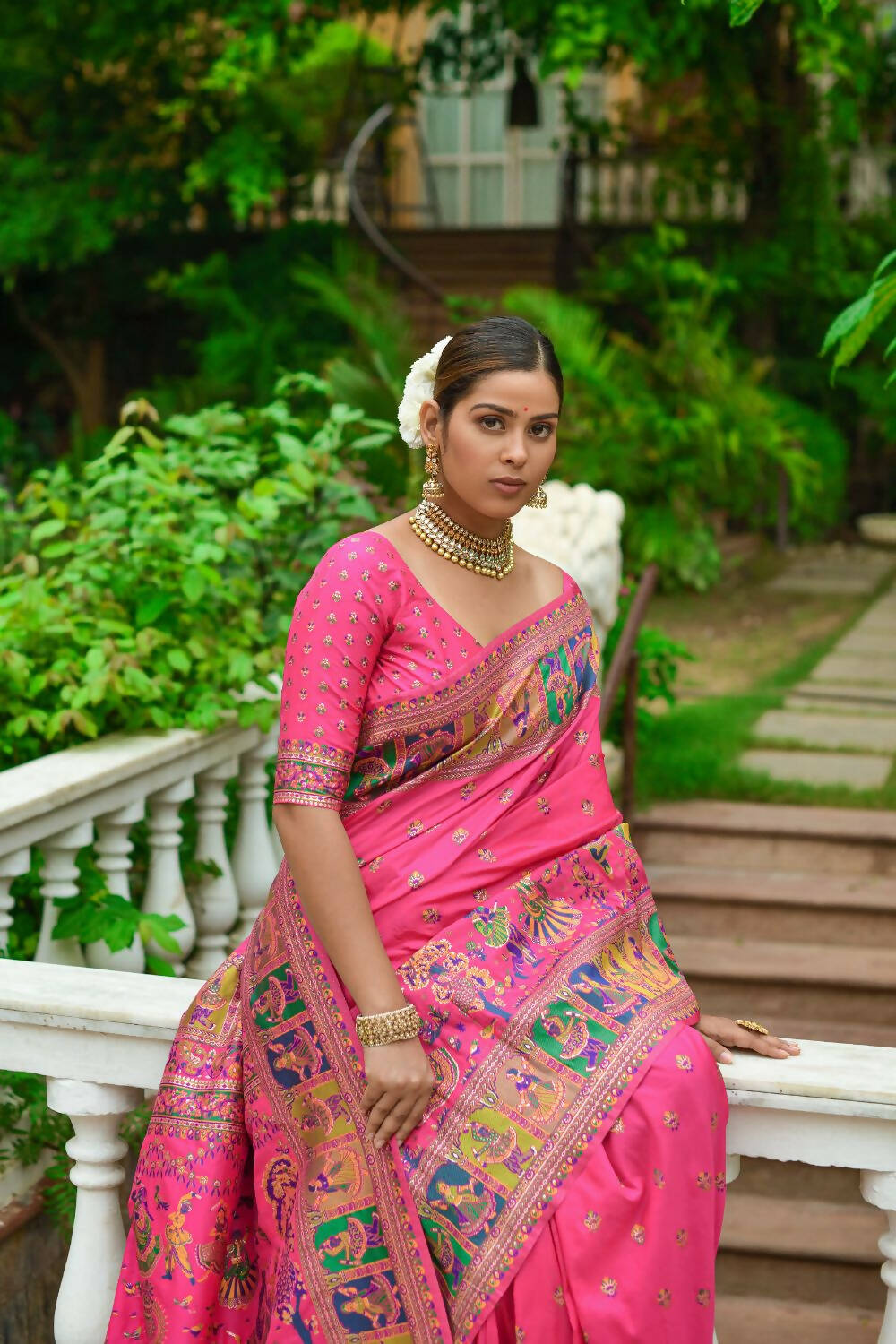 Vishnu Weaves Women's Pink Banarasi Silk Kashmiri Woven Saree with Blouse - Distacart