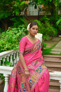 Thumbnail for Vishnu Weaves Women's Pink Banarasi Silk Kashmiri Woven Saree with Blouse - Distacart