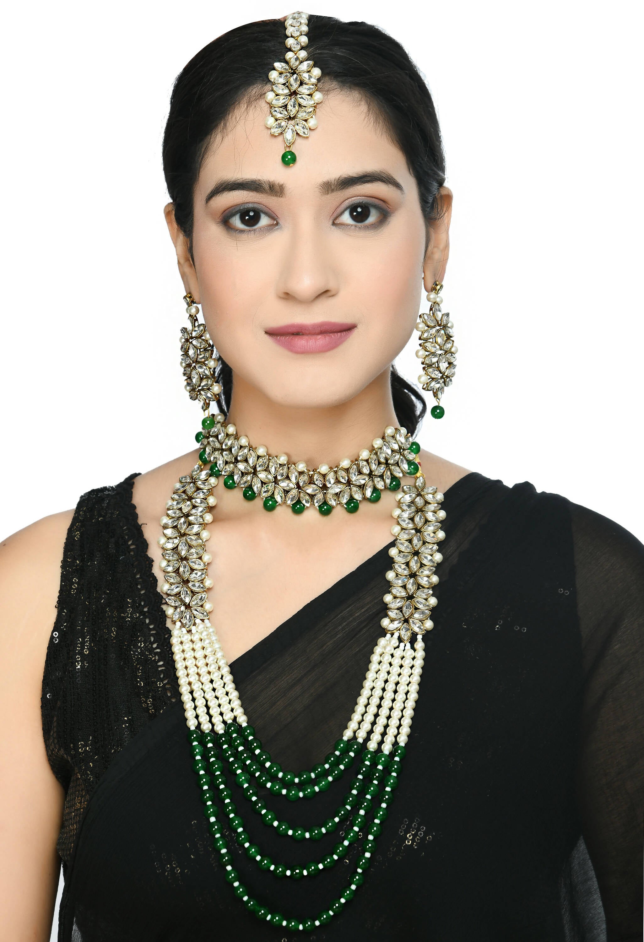 Mominos Fashion Johar Kamal Gold-Plated Rani Haar with Green and Off white Pearls Jewellery Set - Distacart