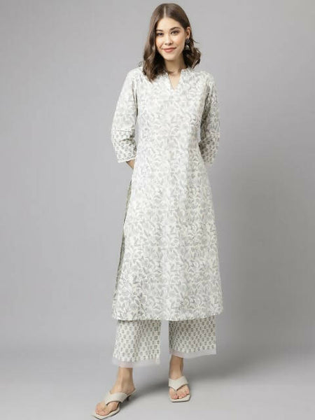 FIORRA Women's Off White Cotton A-Line Kurta Palazzo Set - Distacart