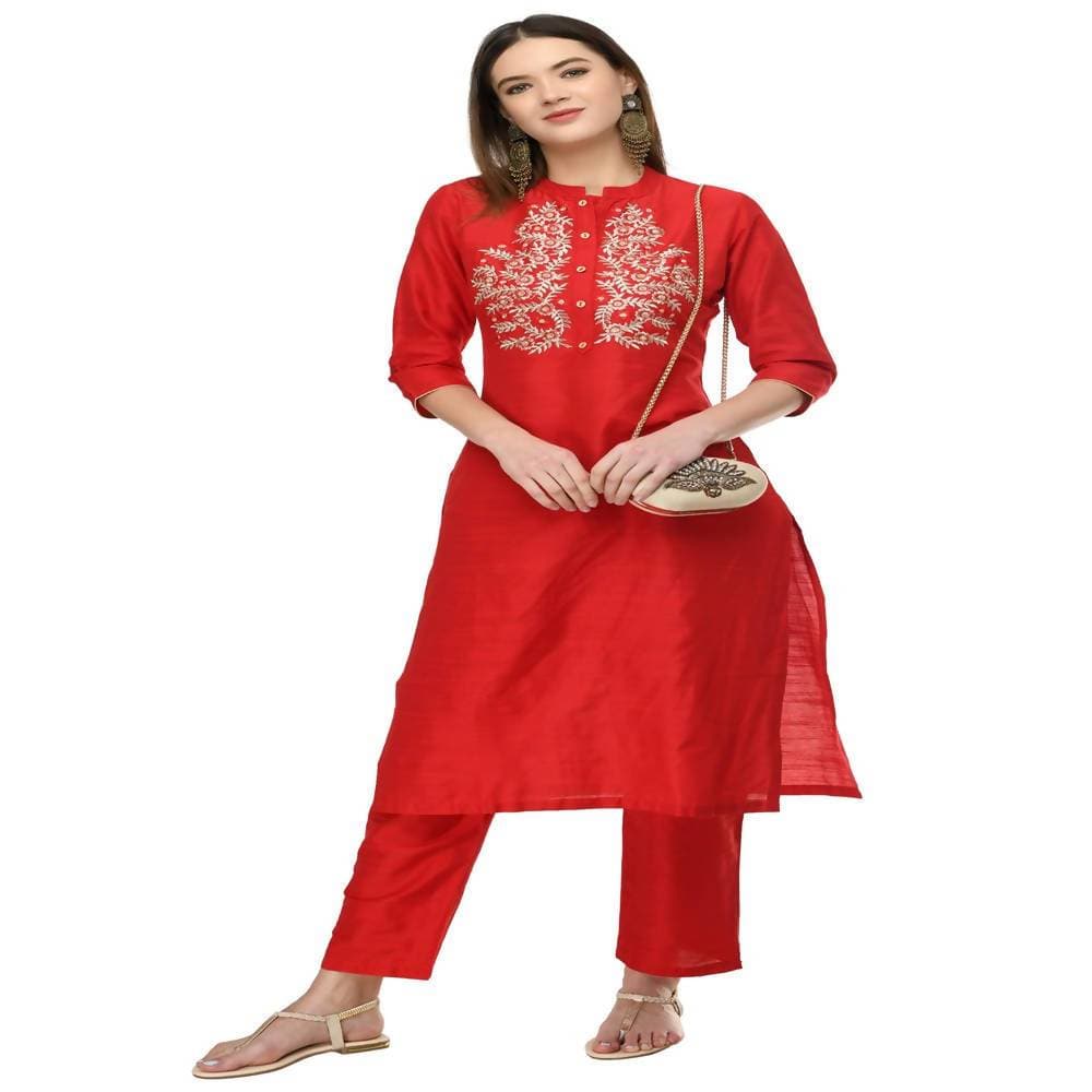 Lagi Women's Red Poly silk Straight Embroidred Kurta & Pant (RO116B)