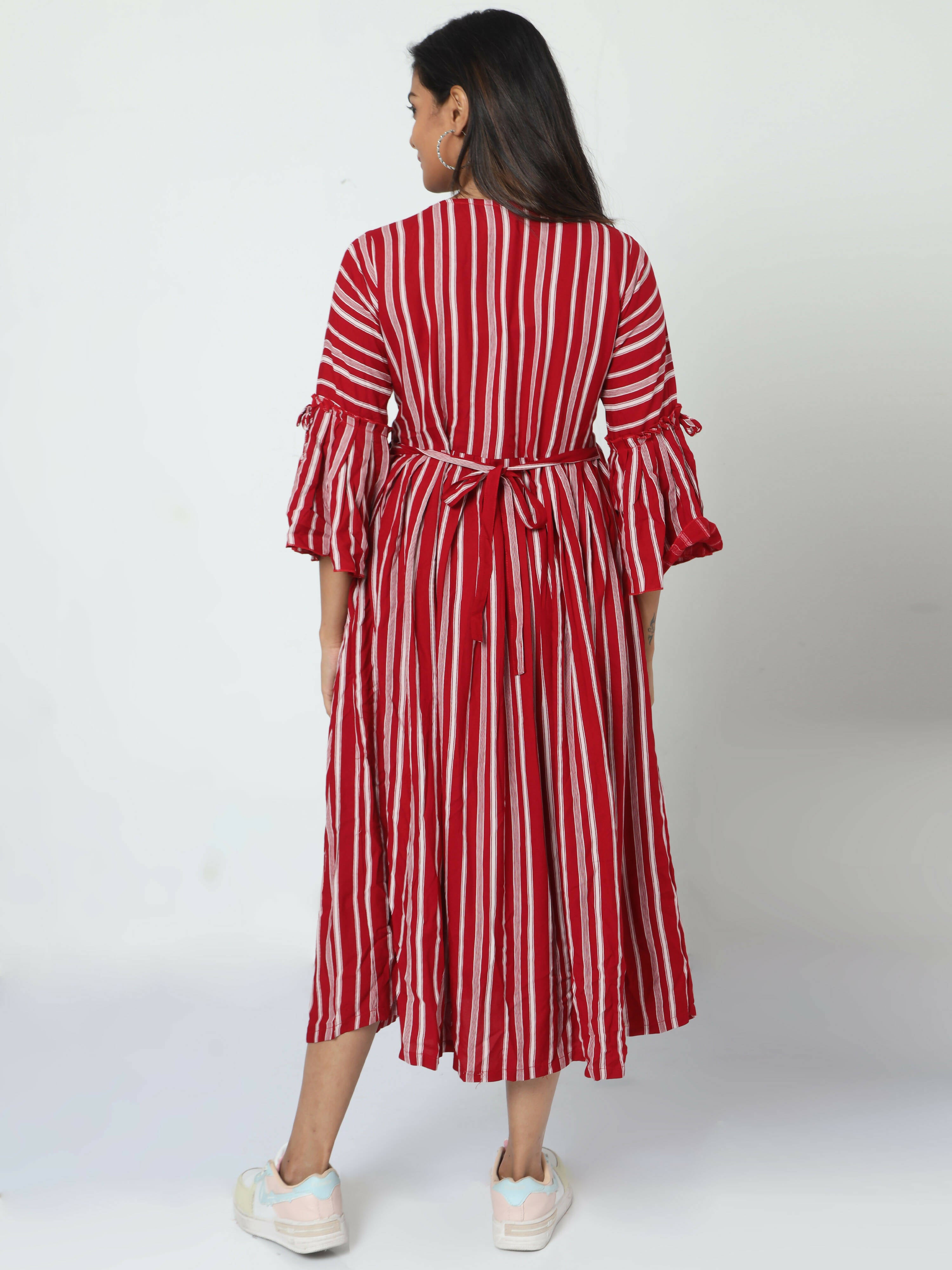 Manet Three Fourth Maternity Dress With Concealed Zipper Nursing Access - Red - Distacart