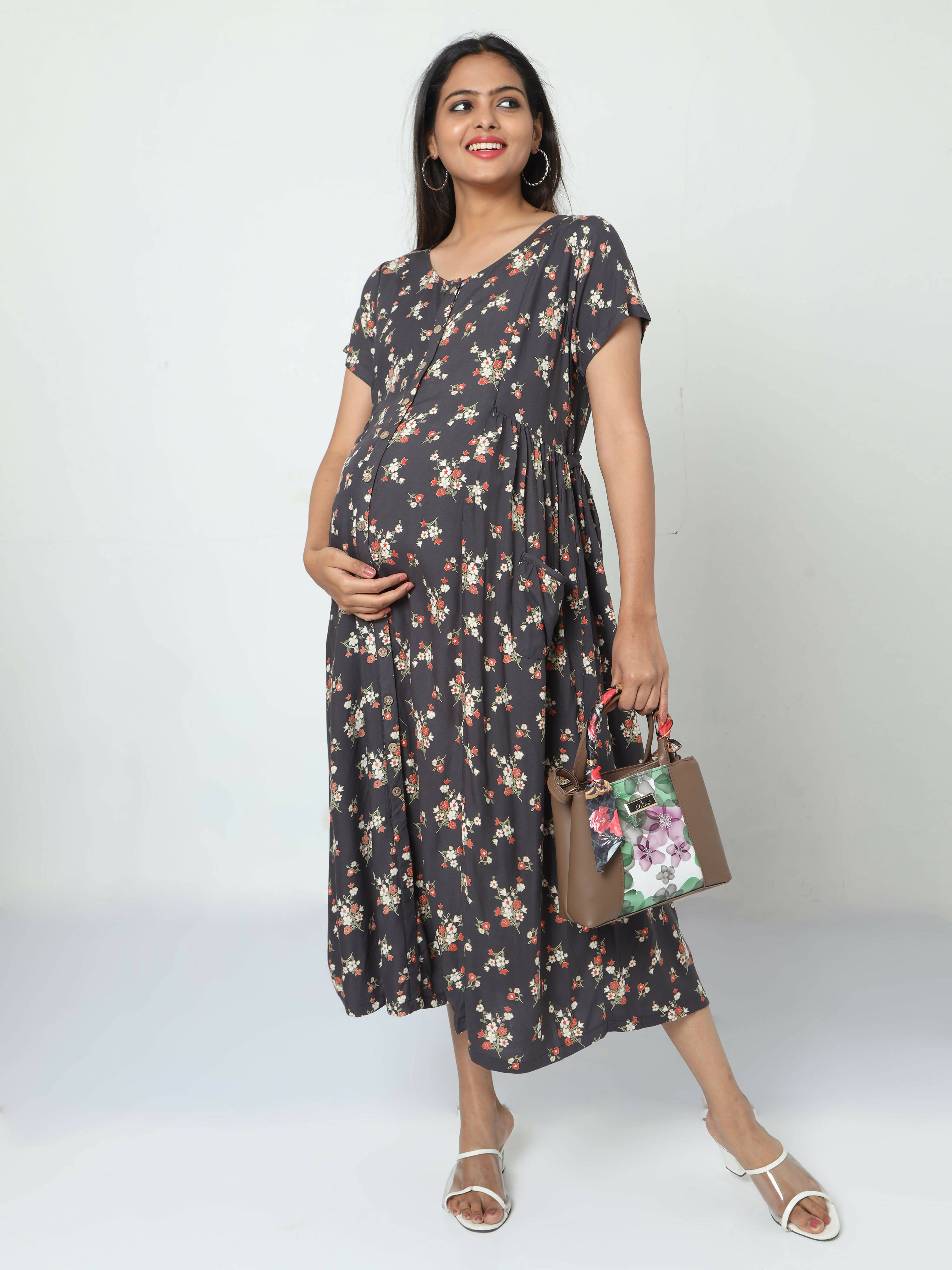 Manet Short Sleeves Maternity Dress Floral Print With Concealed Zipper Nursing Access - Navy Blue - Distacart