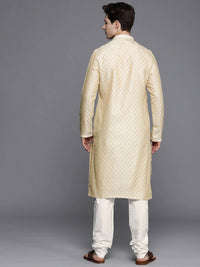 Thumbnail for Manyavar Men Beige Ethnic Motifs Regular Thread Work Art Silk Jacquard Kurta with Churidar - Distacart