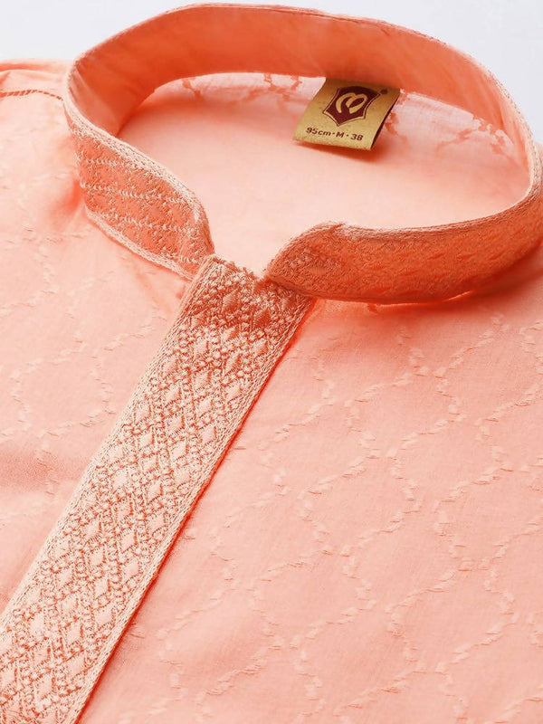 Manyavar Men Peach-Coloured & White Self Design Kurta with Churidar - Distacart