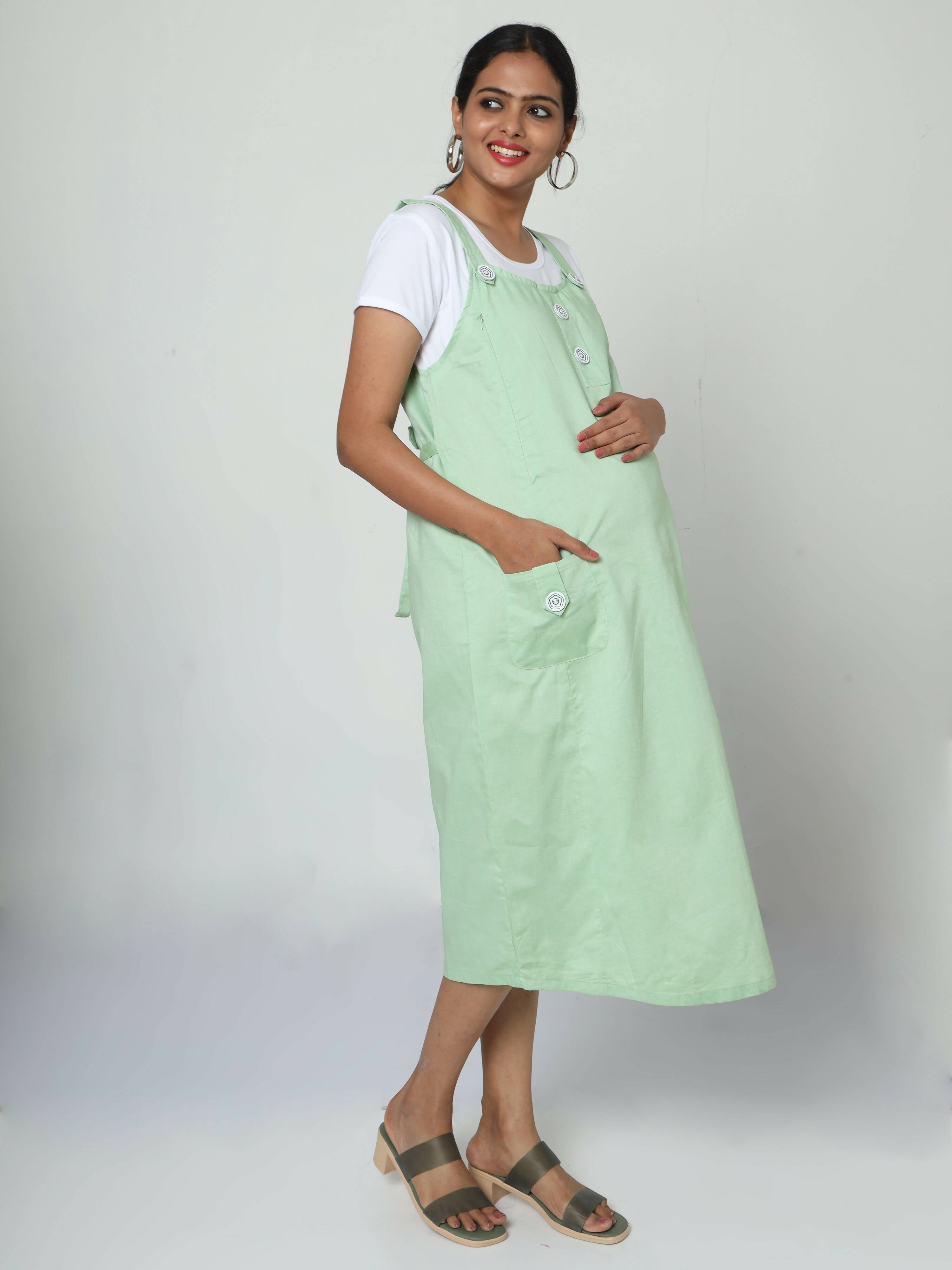 Manet Half Sleeves Solid Maternity Dress With Concealed Zipper Nursing Access - Green - Distacart