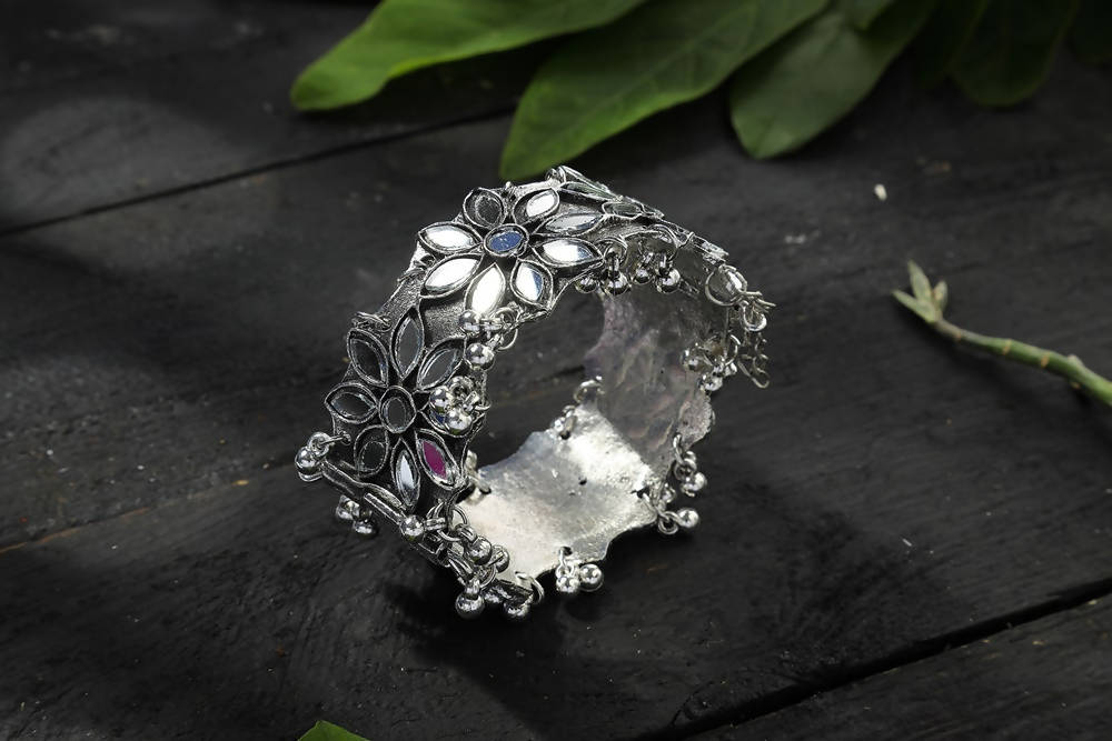 Mominos Fashion Kamal Johar Oxidised Silver-Plated Mirror work Design Bracelet