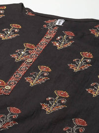 Thumbnail for Yufta Women Black & Rust Brown Ethnic Motifs Printed Kantha Work Pure Cotton Kurta Set