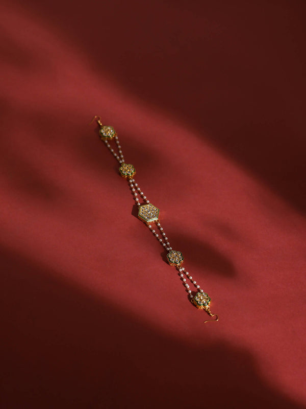 Gold-Plated White Kundan-Studded Pearl Beaded Hair Band - Ruby Raang - Distacart