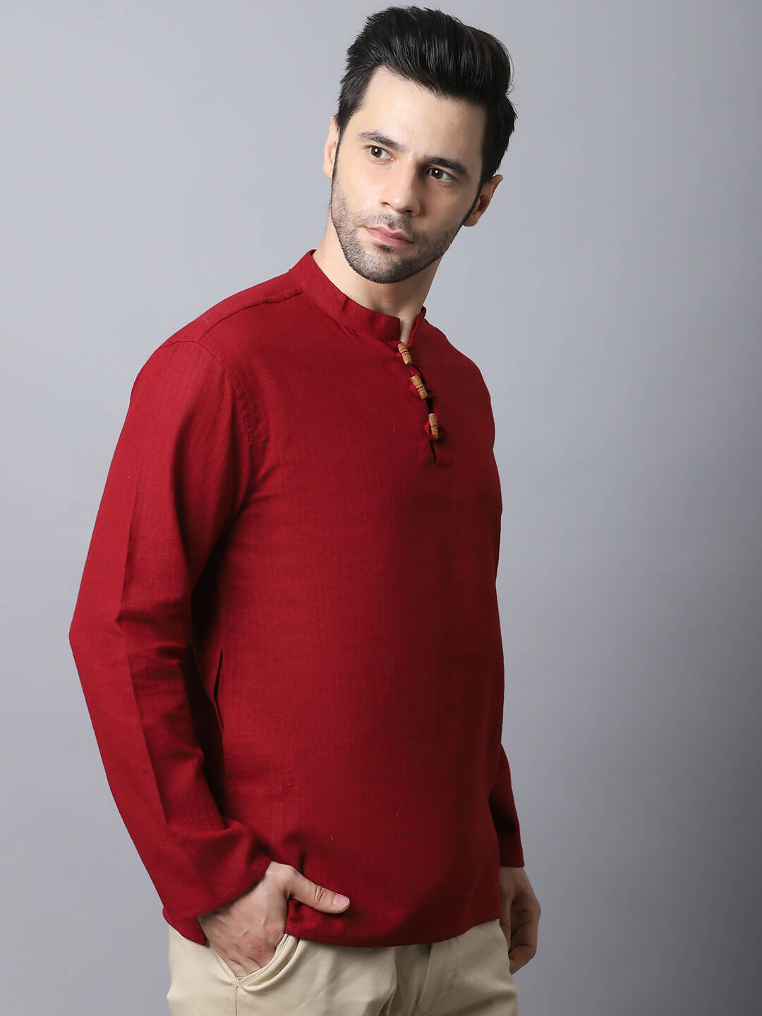 Even Apparels Maroon Pure Cotton Men's Kurta With Band Collar - Distacart
