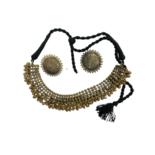 Mominos Fashion Johar Kamal Oxidised Gold-Plated Brass Finish Ghungroo Design Choker Set - Distacart