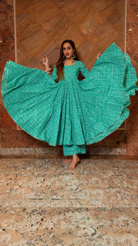Thumbnail for Pomcha Jaipur Bandhej Tiffany Blue Cotton Anarkali Set - Distacart