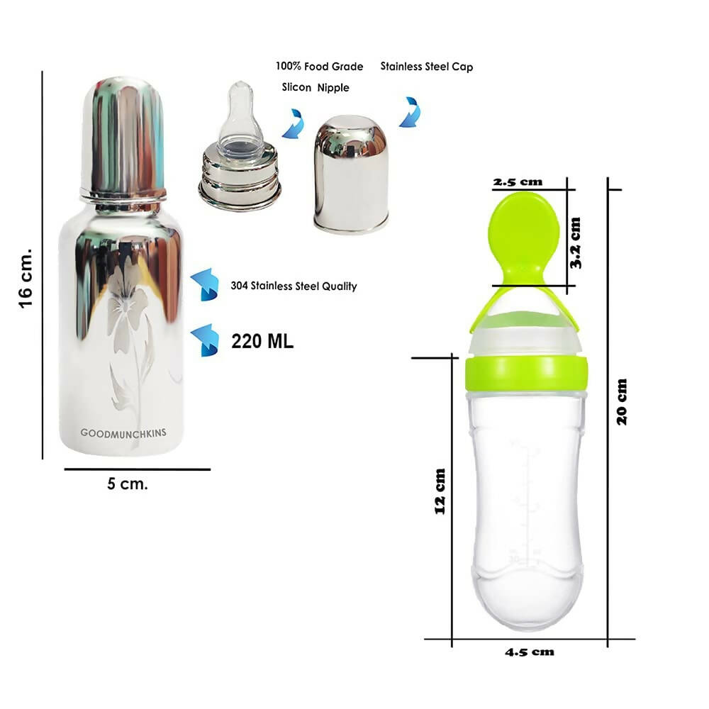 Goodmunchkins Stainless Steel Feeding Bottle, Food Feeder & Fruit Feeder Combo for Baby (Green-Green, 220ml) - Distacart