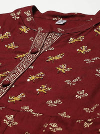 Thumbnail for Yufta Women Maroon & Gold Floral Printed Kurta