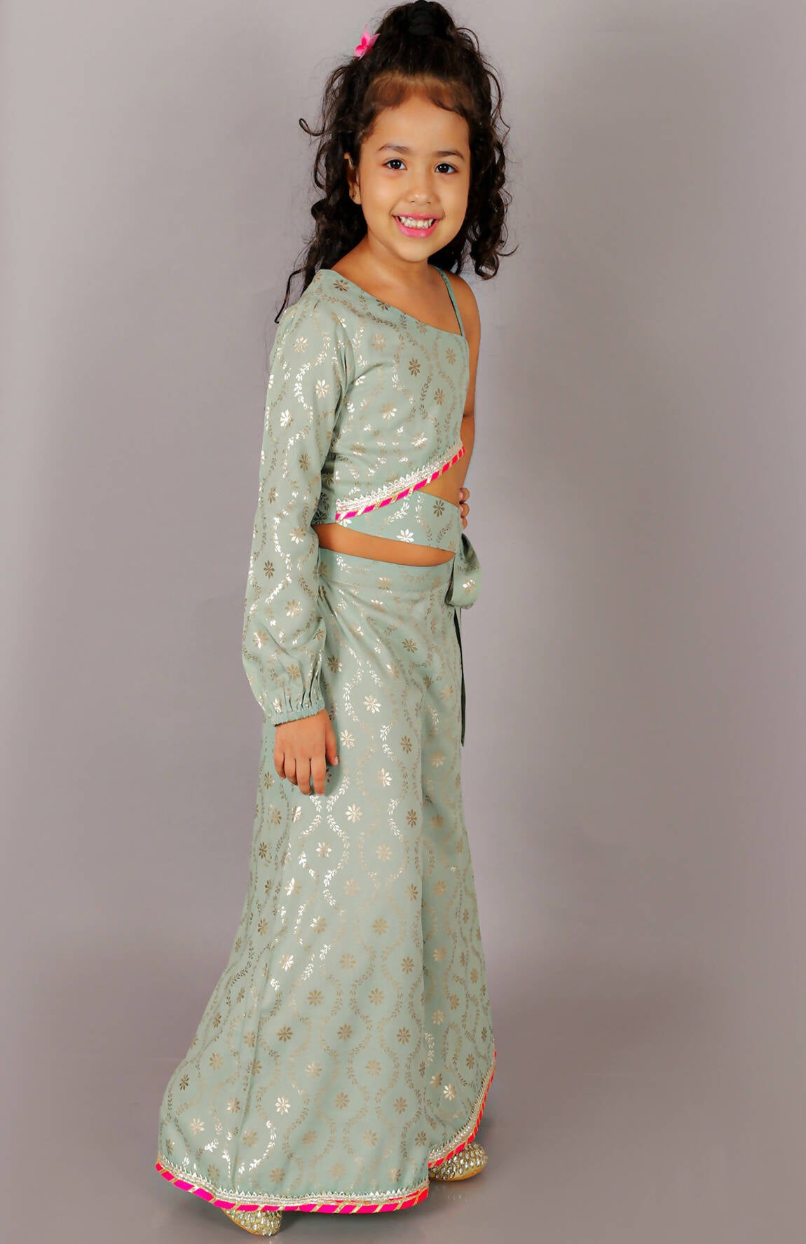 Lil Drama Fusion Fair Girls Green Crop Top With Palazzo Co-Ordinate Set - Distacart