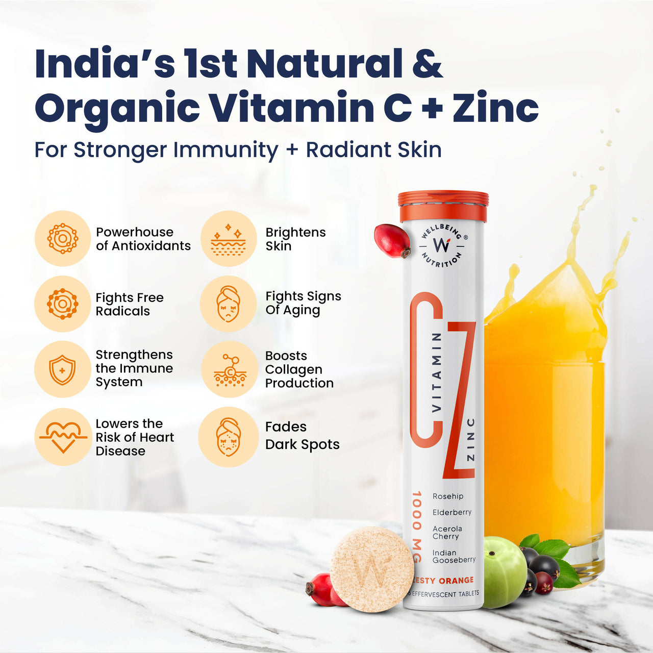 Wellbeing Nutrition Organic Vitamin C + Zinc Effervescent Tablets - Distacart