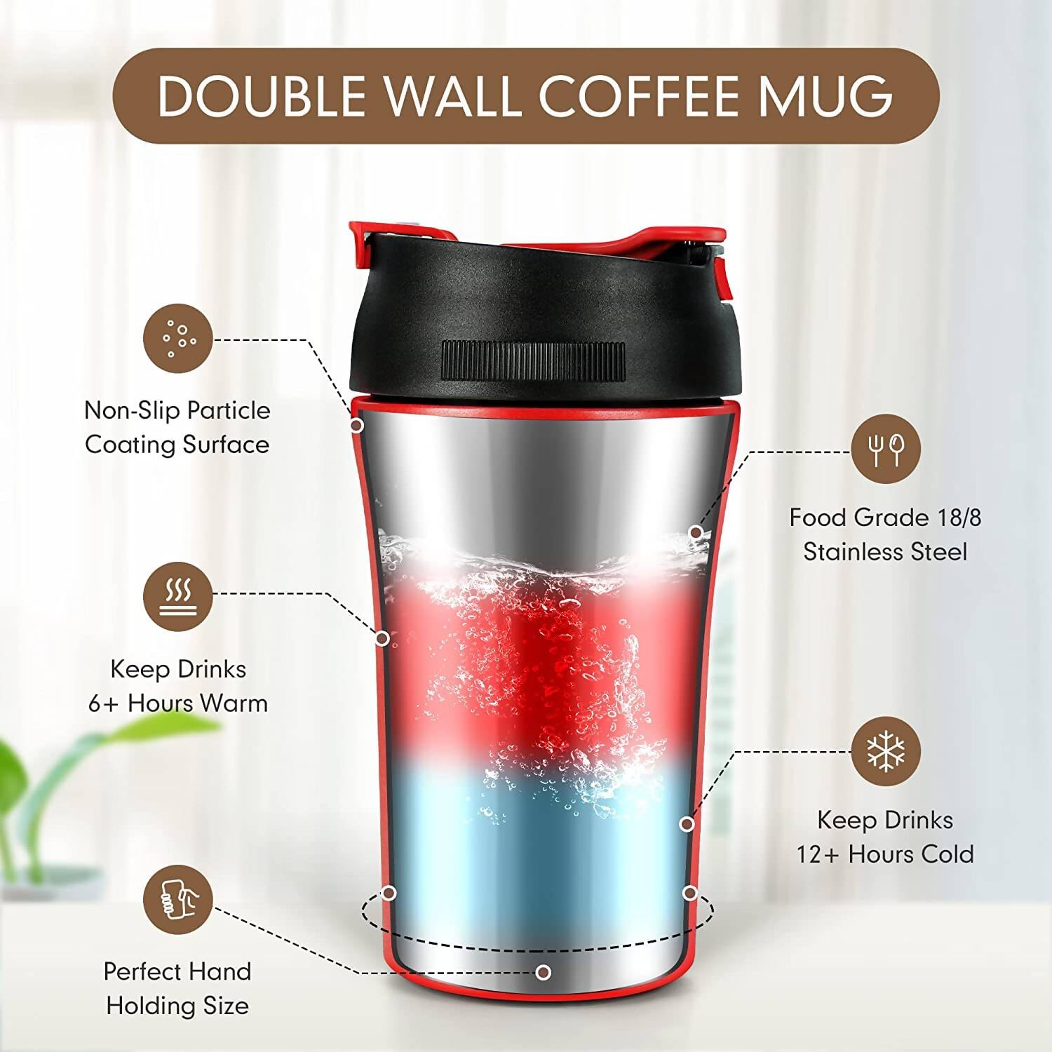 Wosta Reusable Travel Spill Proof Coffee Mug with Lid and Straw Tumbler - 400ml (Red) - Distacart