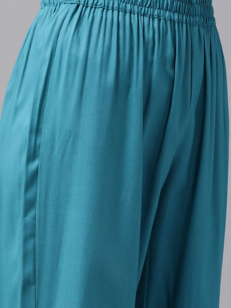 Yufta Women Teal Blue Solid Kurta with Trouser and Dupatta