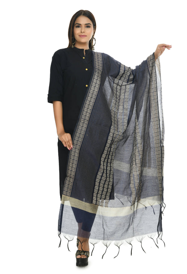 Mominos Fashion Moeza Handloom Cotton Navy Blue Dupatta - Distacart