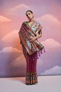 Thumbnail for Vishnu Weaves Women's Wine Paithani Silk Zari Woven Saree with Blouse - Distacart