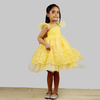 Thumbnail for Pink Cow Fashions Yellow Dress With Net Layer At Bottom & Frill Sleeves - Distacart