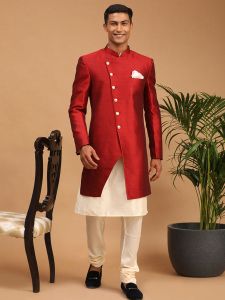Vastramay Men's Cream And Maroon Viscose Ethnic Combo Set - Distacart