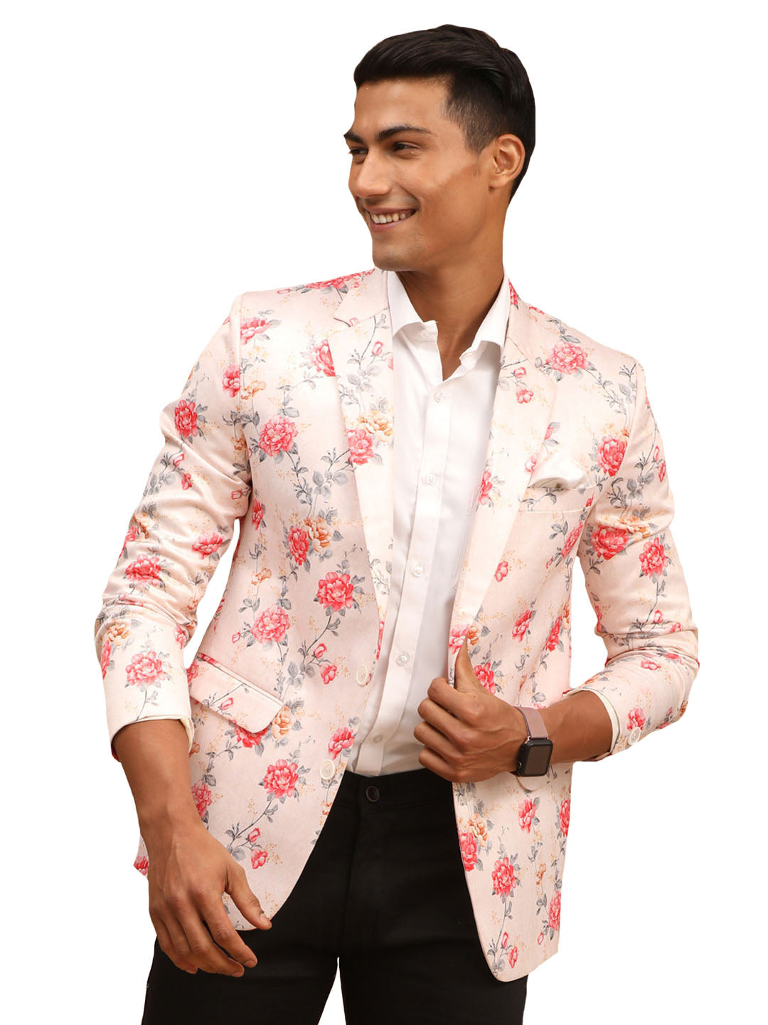 Vastramay Men's Peach Printed Satin Twill Blazer - Distacart