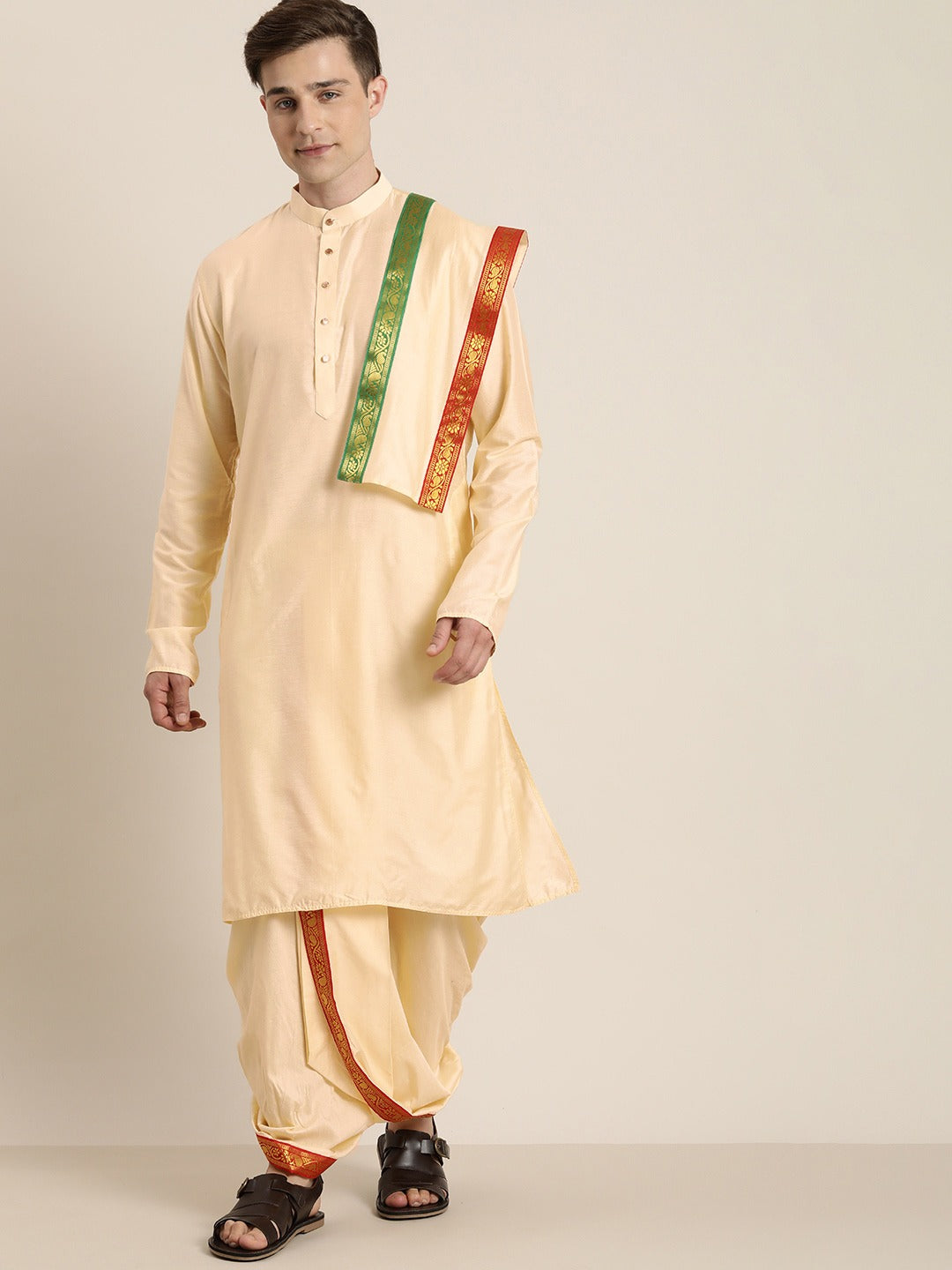 Vastramay Mens' Gold Cotton Blend Kurta Dhoti And Dupatta - Distacart