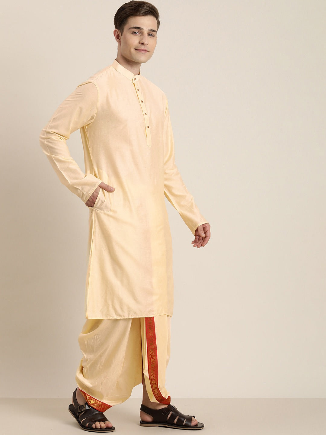 Vastramay Mens' Gold Cotton Blend Kurta Dhoti And Dupatta - Distacart