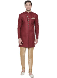 Thumbnail for Vastramay Men's Maroon Polyester Lurex Blend Sherwani Set - Distacart