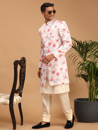 Thumbnail for Vastramay Men's Multicolor Base Pink Silk Blend Sherwani Set - Distacart