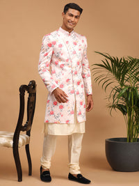 Thumbnail for Vastramay Men's Multicolor Base Pink Silk Blend Sherwani Set - Distacart