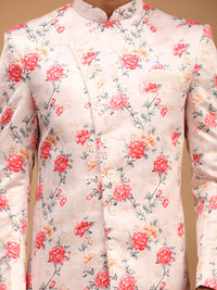Thumbnail for Vastramay Men's Multicolor Base Pink Silk Blend Sherwani Set - Distacart