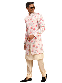 Thumbnail for Vastramay Men's Multicolor Base Pink Silk Blend Sherwani Set - Distacart